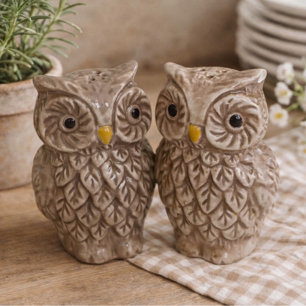 Vintage Owl Salt Pepper Shakers Cottagecore Kitchen Decor Brown Ceramic Pair